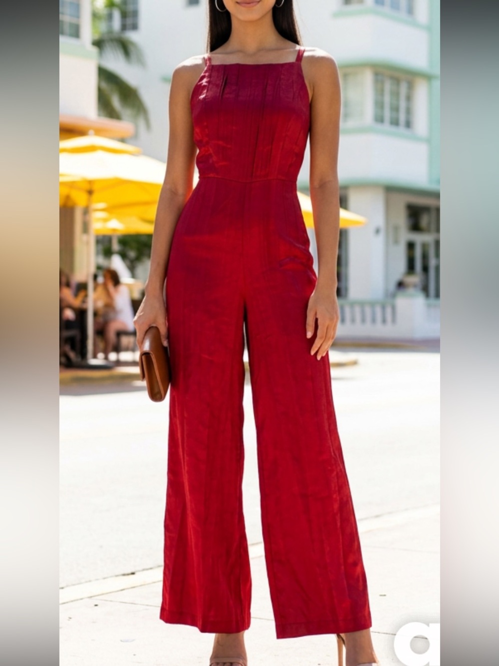 Anthropologie Sleeveless Satin Red Wide Leg Jumpsuit Cut Out Back NWOT M